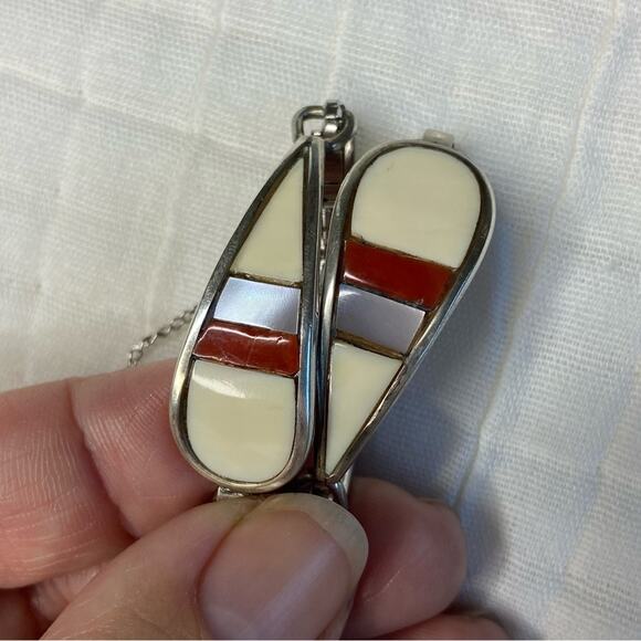 Sterling silver Zuni inlaid watch band old pawn mother of pearl coral and bone - Picture 2 of 7